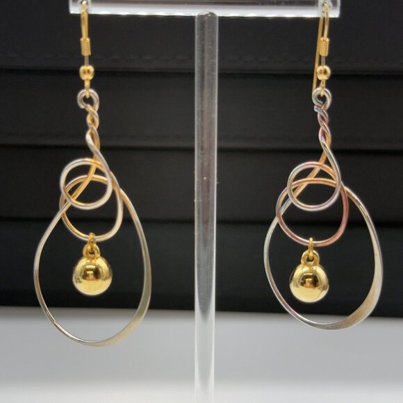 Gold Silver Tricolor Dangle Drop Statement Earrings Abstract Twisted Wire Hoop - Picture 10 of 13